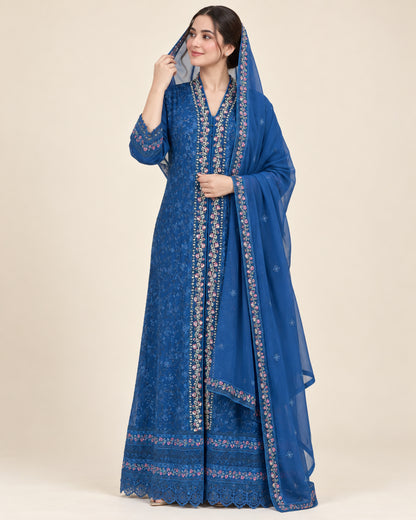Sapphire Bloom Pearl-Embroidered Chiffon Fustan.