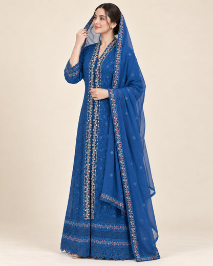 Sapphire Bloom Pearl-Embroidered Chiffon Fustan.