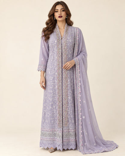 Lilac Reverie Pearl-Embroidered Chiffon Fustan