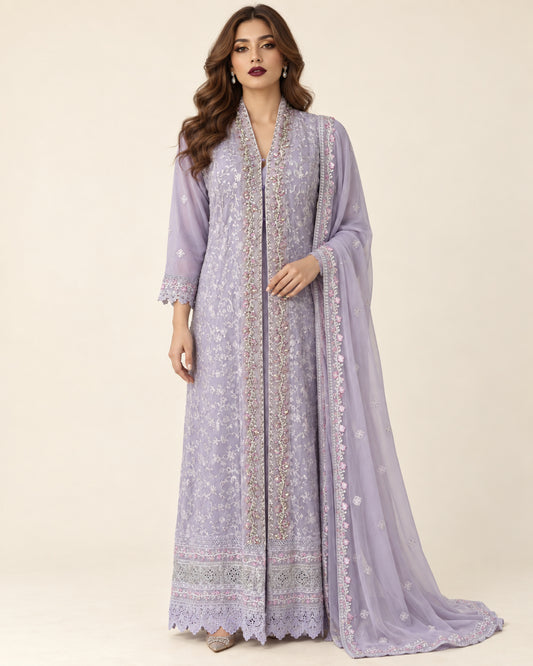 Lilac Reverie Pearl-Embroidered Chiffon Fustan