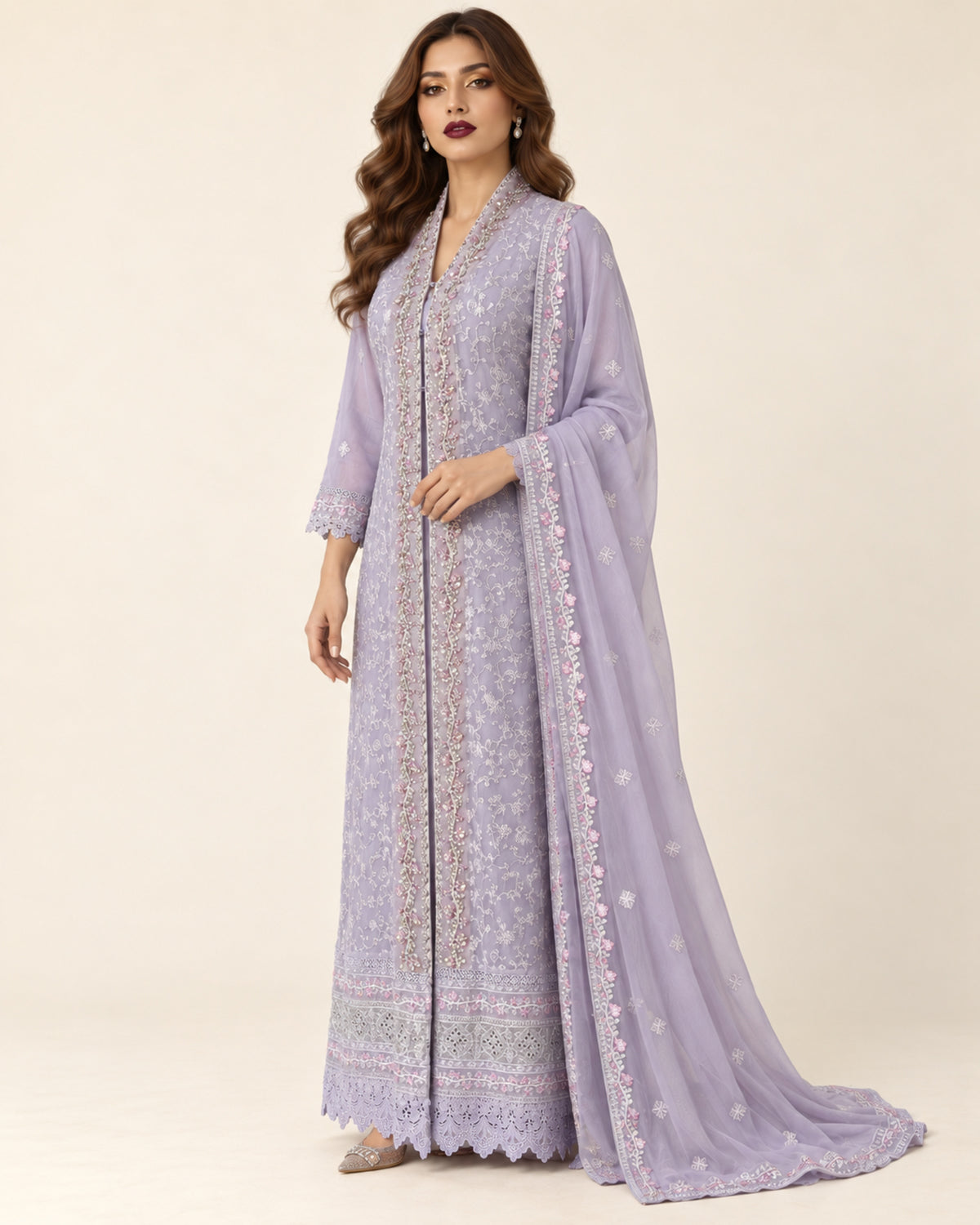 Lilac Reverie Pearl-Embroidered Chiffon Fustan