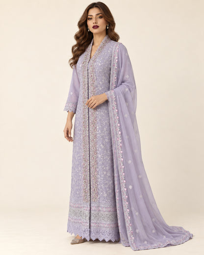 Lilac Reverie Pearl-Embroidered Chiffon Fustan