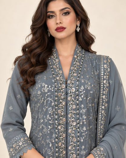 Sahar Slate Chiffon Embelished Fustan