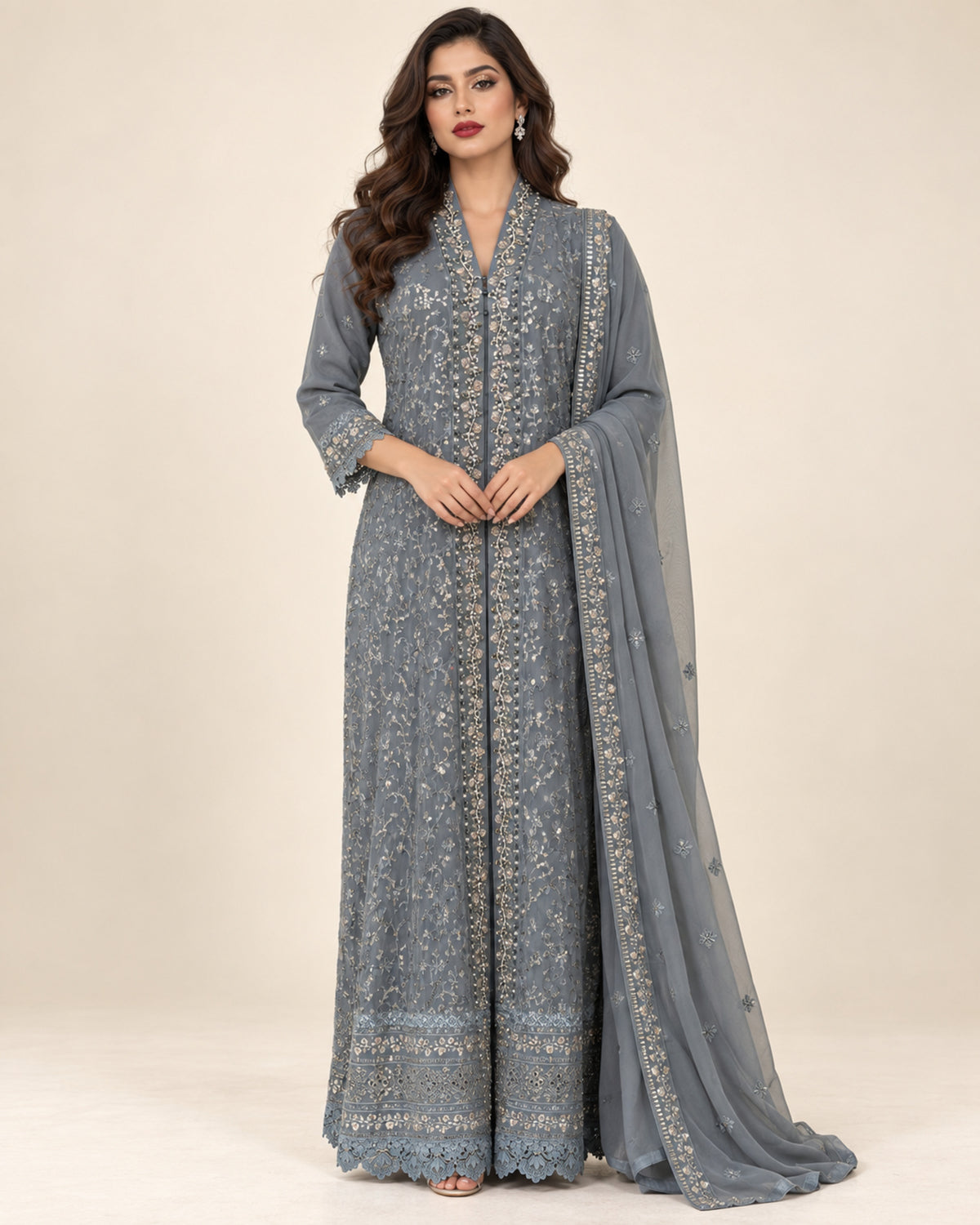 Sahar Slate Chiffon Embelished Fustan
