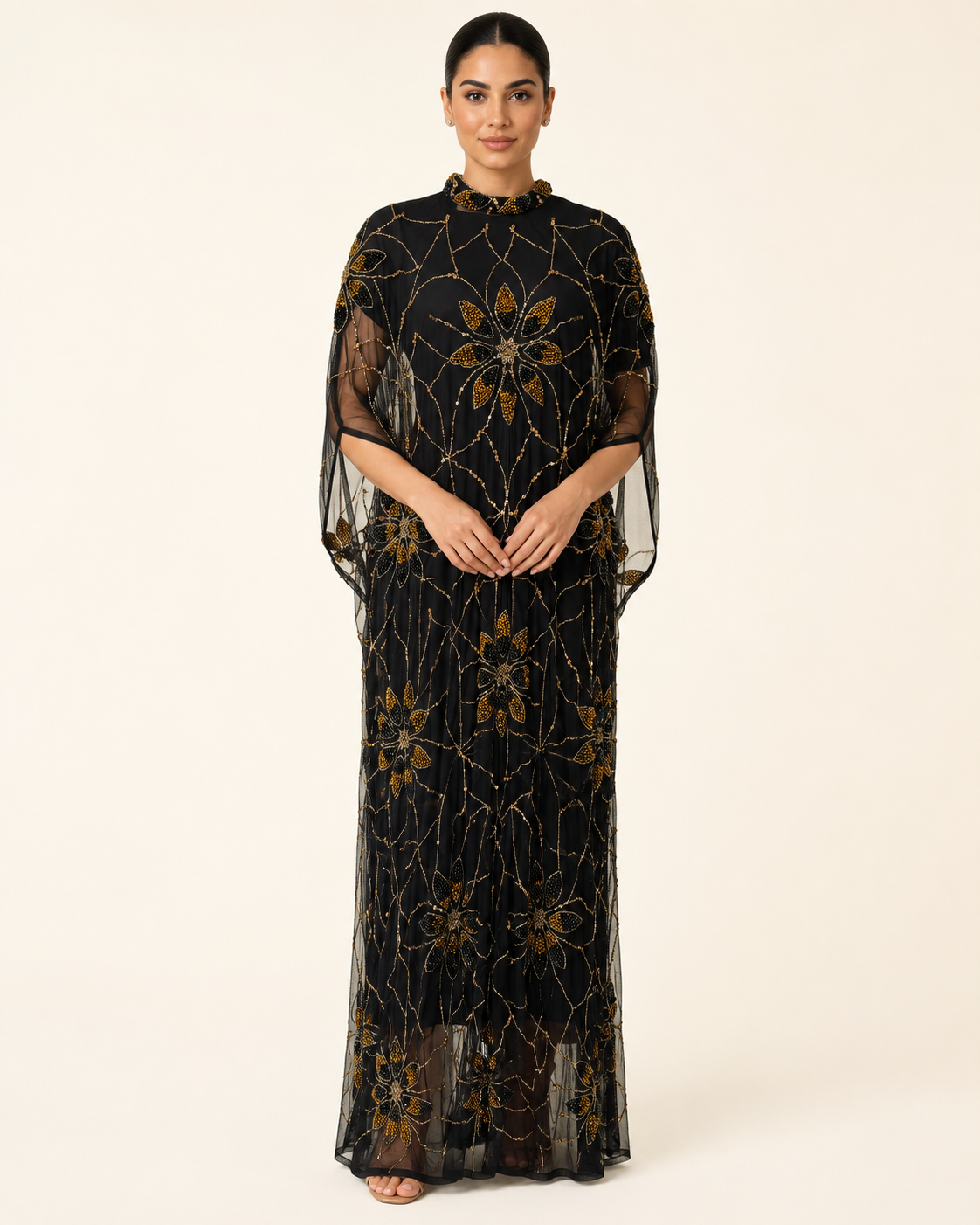 Layali Noir Beaded Cashmere Kaftan