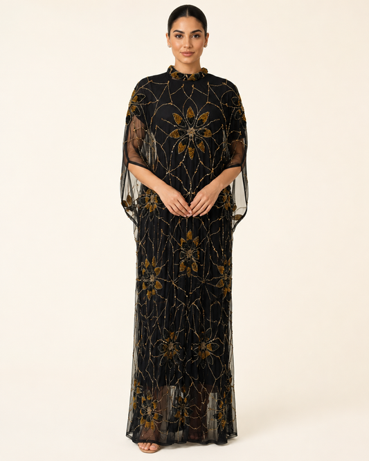 Layali Noir Beaded Cashmere Kaftan