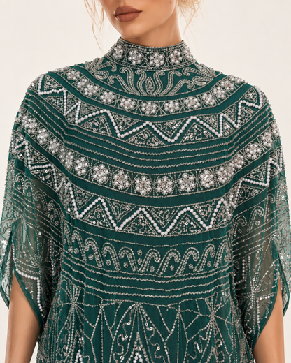 Zahra Emerald Pearl-Beaded Cashmere Kaftan