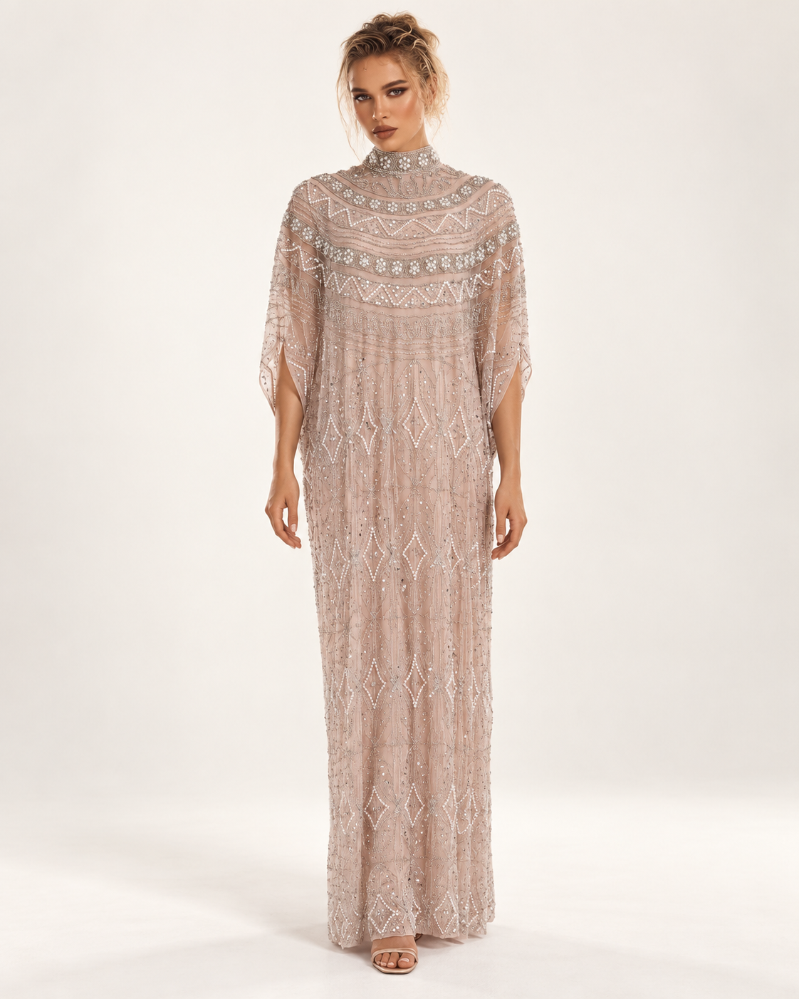 Layali Blush Pearl-Beaded Cashmere Kaftan