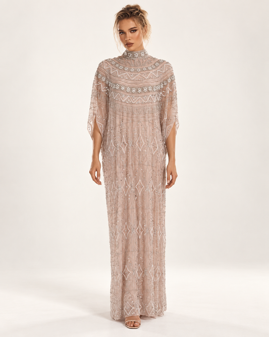 Layali Blush Pearl-Beaded Cashmere Kaftan