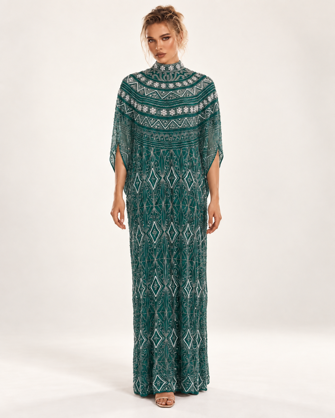 Zahra Emerald Pearl-Beaded Cashmere Kaftan