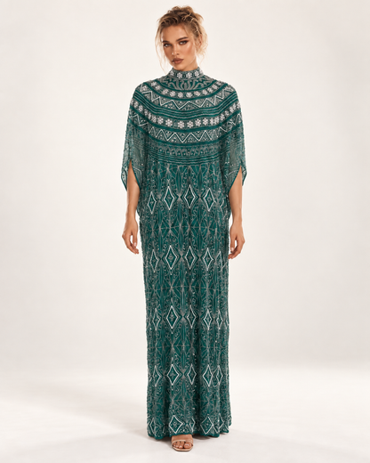 Zahra Emerald Pearl-Beaded Cashmere Kaftan