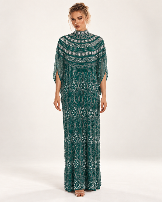 Zahra Emerald Pearl-Beaded Cashmere Kaftan