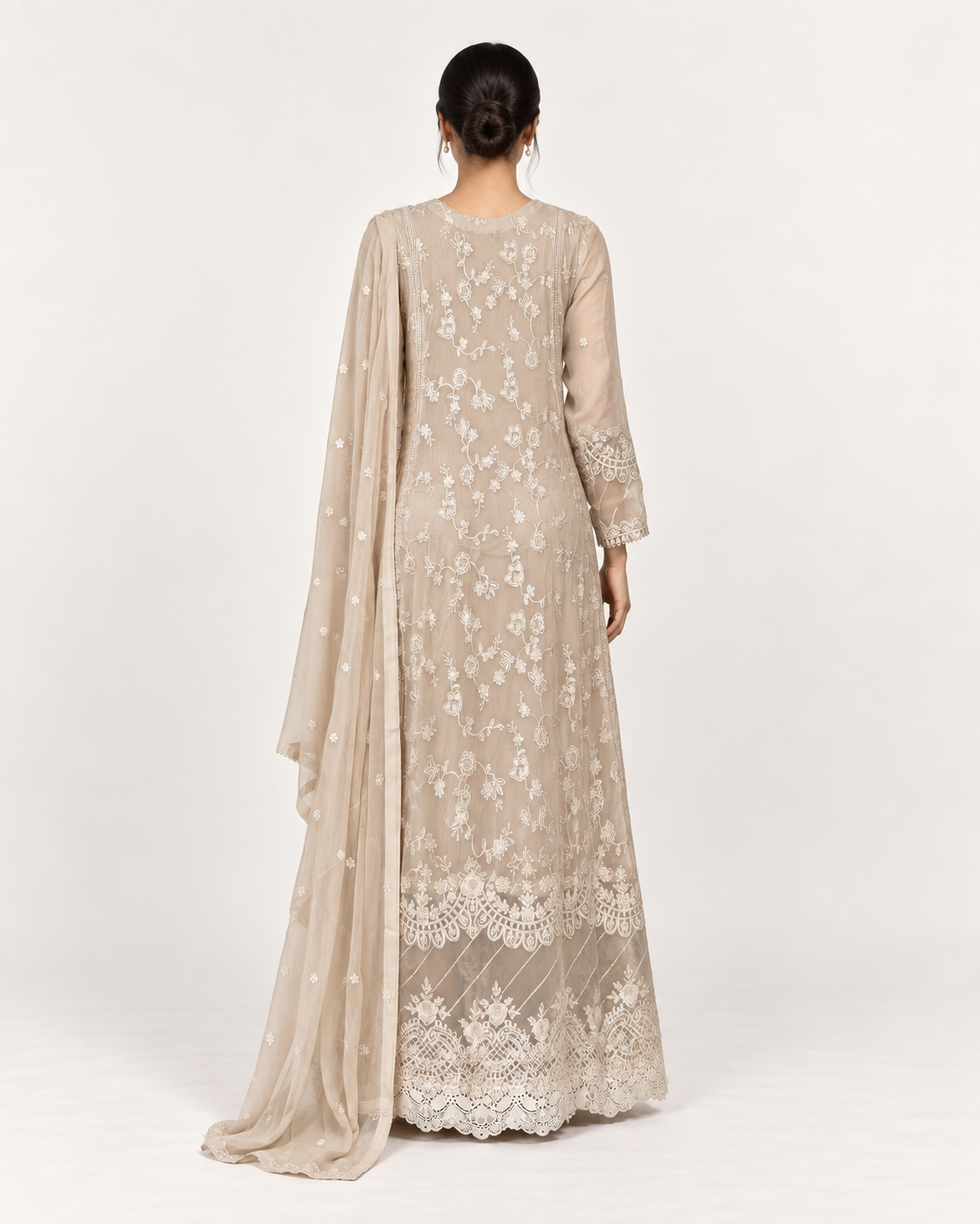 Layla Beige Embroidered Chiffon Fustan