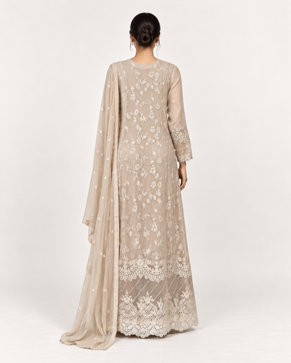 Layla Beige Embroidered Chiffon Fustan
