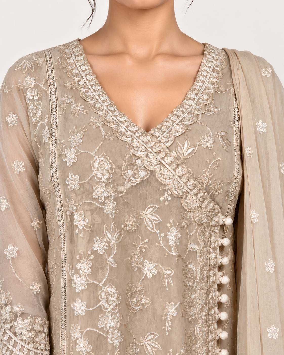 Layla Beige Embroidered Chiffon Fustan