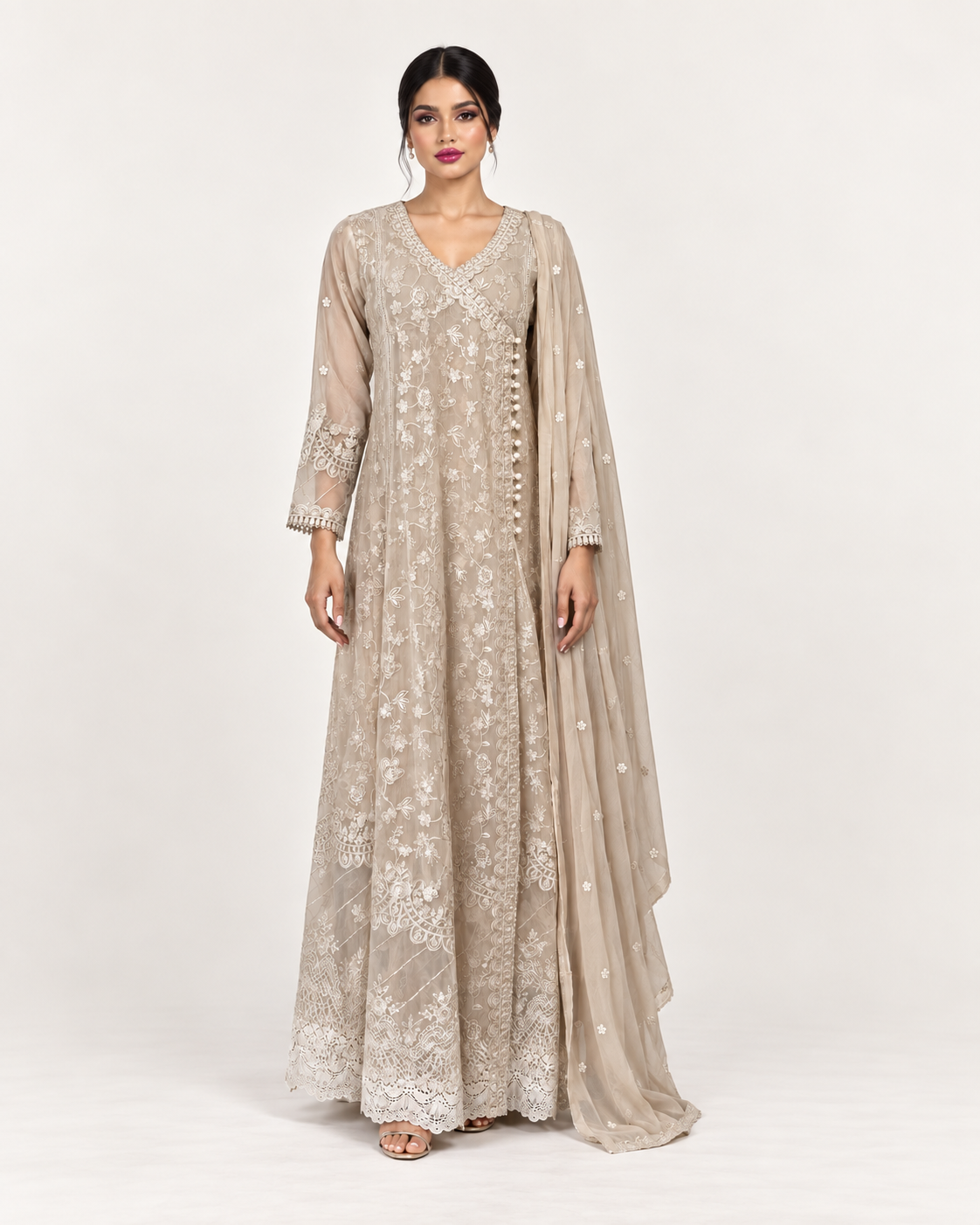 Layla Beige Embroidered Chiffon Fustan