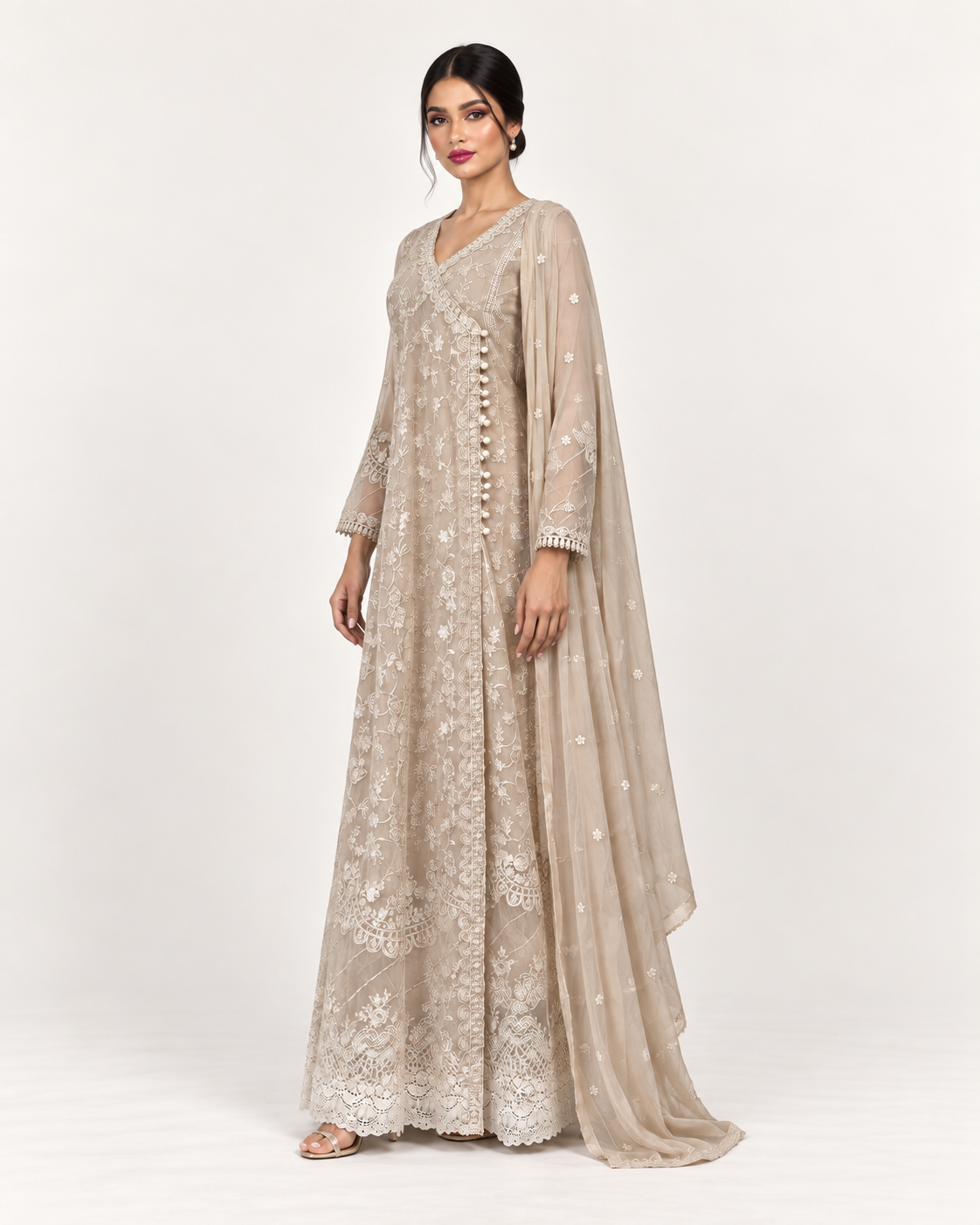 Layla Beige Embroidered Chiffon Fustan