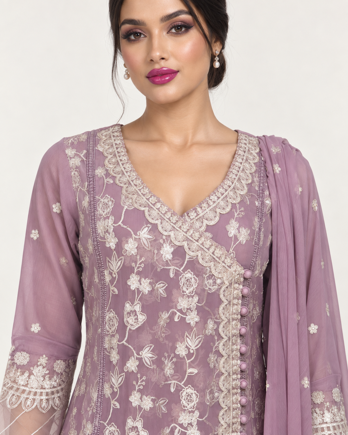 Mauve Embroidered Chiffon Fustan