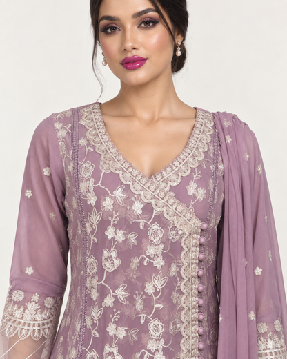 Mauve Embroidered Chiffon Fustan