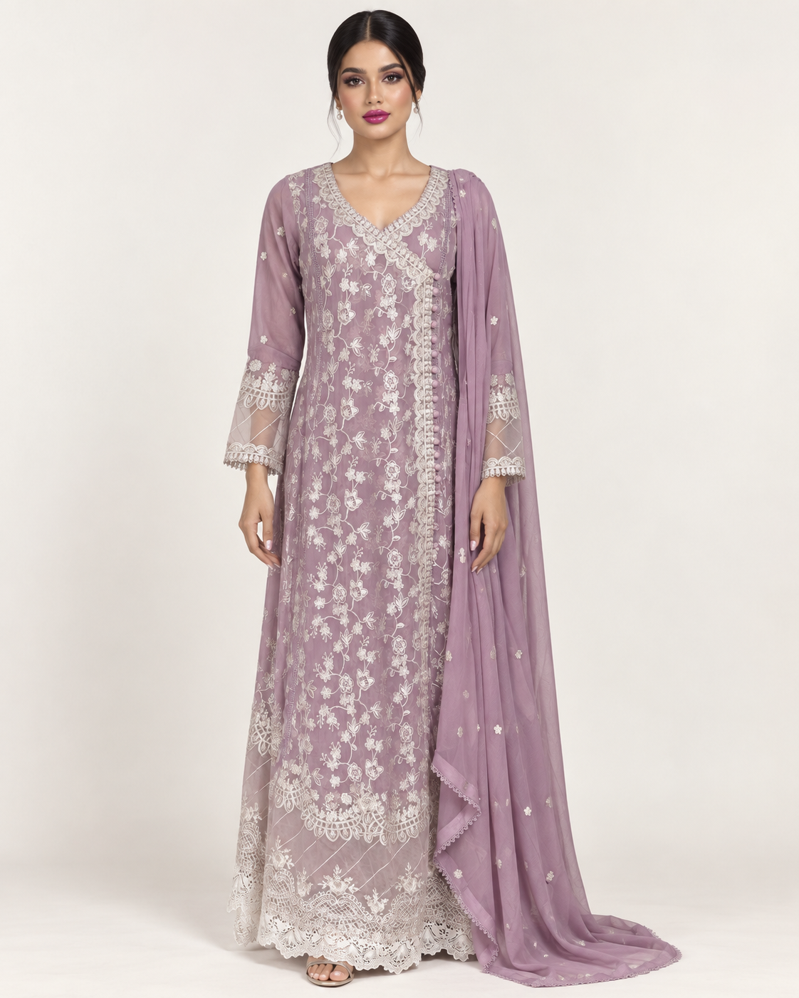 Mauve Embroidered Chiffon Fustan