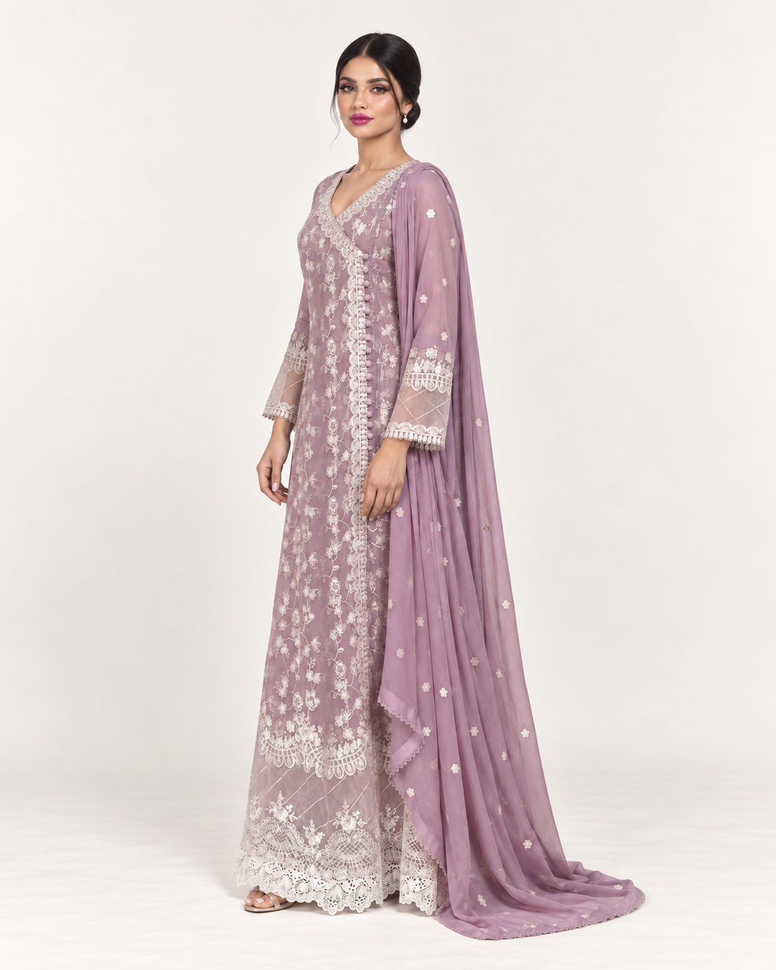 Mauve Embroidered Chiffon Fustan