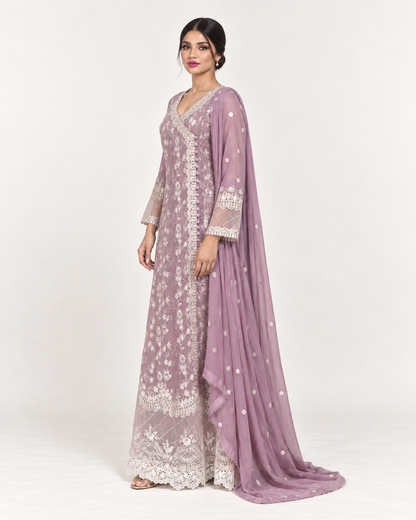 Mauve Embroidered Chiffon Fustan