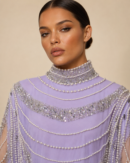 Lujain Lavender Heavy Pearl Cashmere Kaftan
