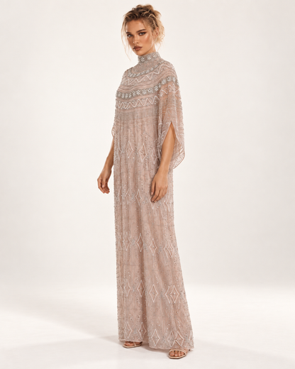 Layali Blush Pearl-Beaded Cashmere Kaftan