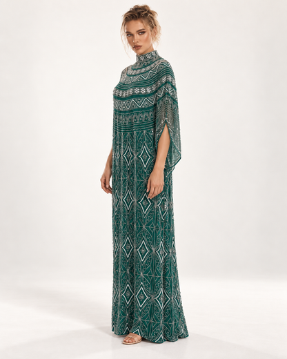 Zahra Emerald Pearl-Beaded Cashmere Kaftan